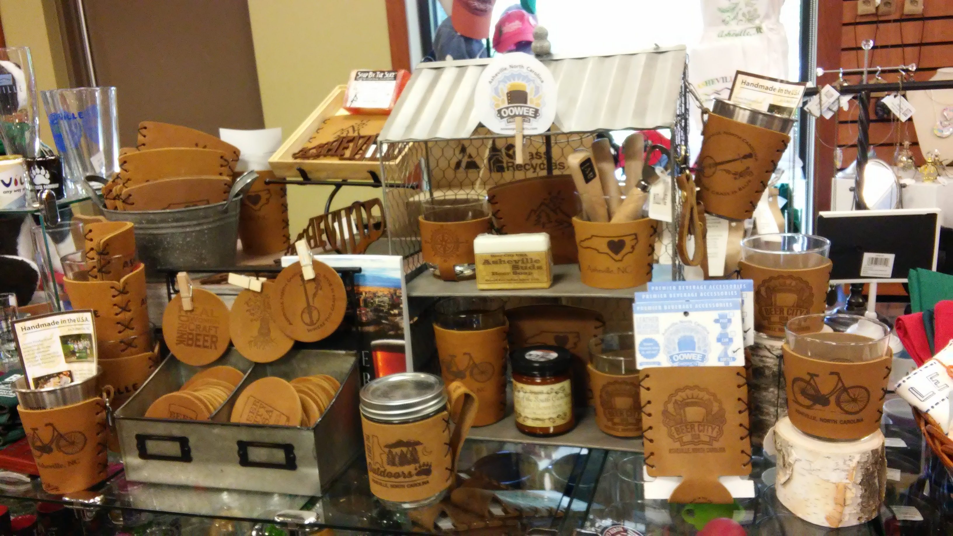 Oowee leather sleeve display at the Asheville chamber of commerce. 