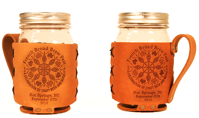 Custom Branded mason jar sleeves with the French Broad Fall Festival 2014 logo burned into the leather.