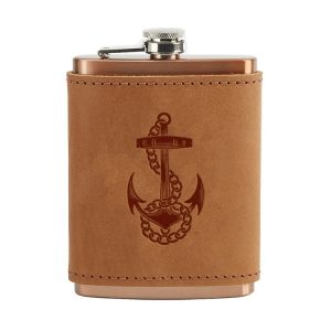8 oz Copper Plated Stainless Flask with Leather Wrap: Anchor
