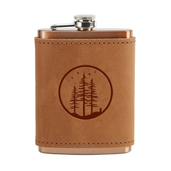 8 oz Copper Plated Stainless Flask with Leather Wrap: Starry Trees