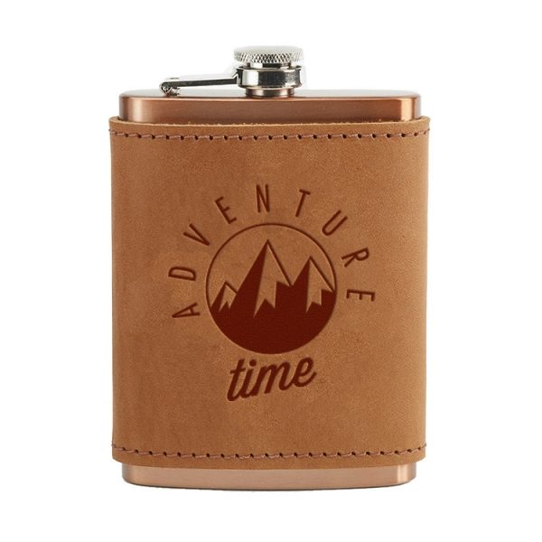 8 oz Copper Plated Stainless Flask with Leather Wrap: Adventure Time