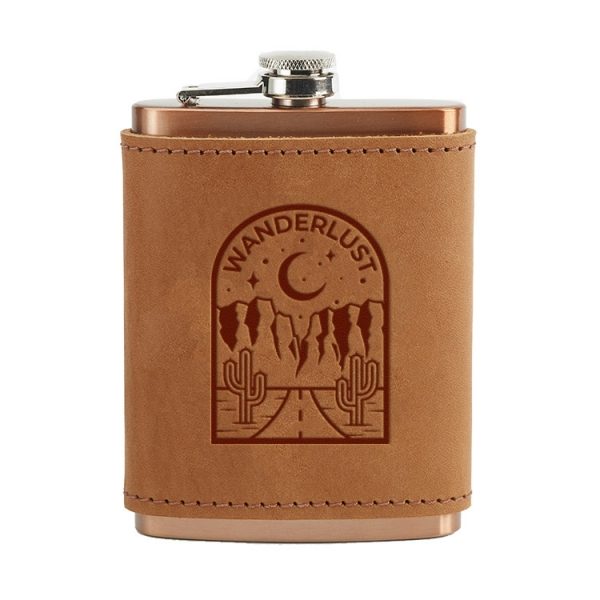 8 oz Copper Plated Stainless Flask with Leather Wrap: Wanderlust