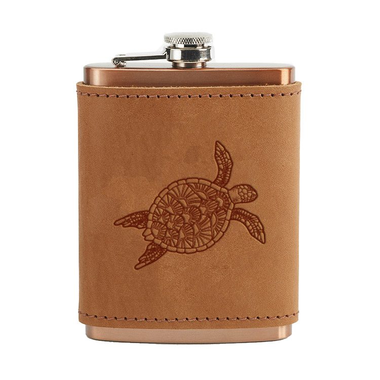 8 oz Copper Plated Stainless Flask with Leather Wrap: Sea Turtle