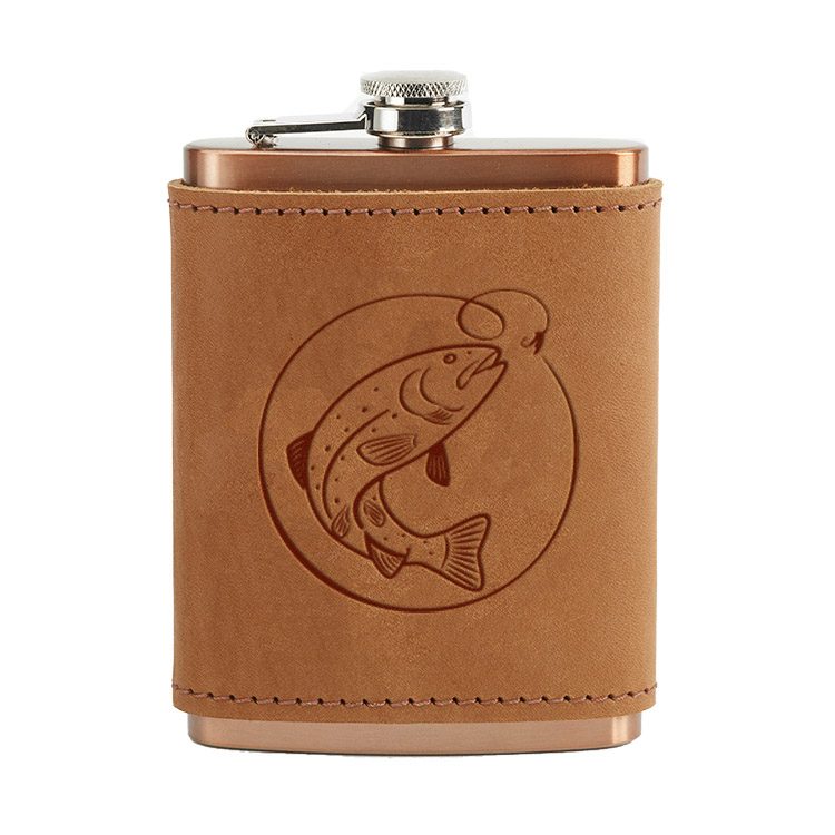 8 oz Copper Plated Stainless Flask with Leather Wrap: Fish Hook