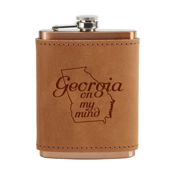 8 oz Copper Plated Stainless Flask with Leather Wrap: GA on my Mind