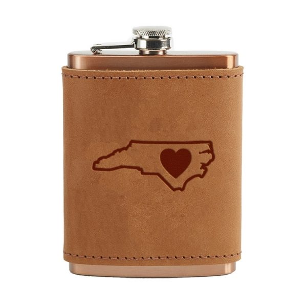 8 oz Copper Plated Stainless Flask with Leather Wrap: NC Heart