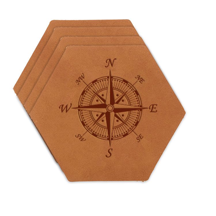 Hex Coaster Set of 4 with Strap: Compass Rose