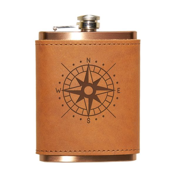 8 oz Copper Plated Stainless Flask with Leather Wrap: Compass Rose