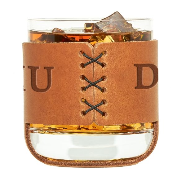 Personalized Leather Rocks Glass Holders with Initials Box Set of 2 with 9-oz Glasses
