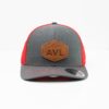 Leather Patch Trucker Hat; Charcoal and Red; Pick a Logo