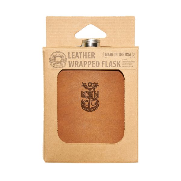 Navy Master-Chief Flask; Leather; 8-oz Copper Plated Stainless Steel