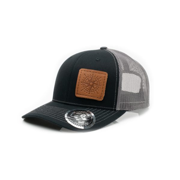 Leather Patch Trucker Hat; Black/Charcoal; Pick a Logo