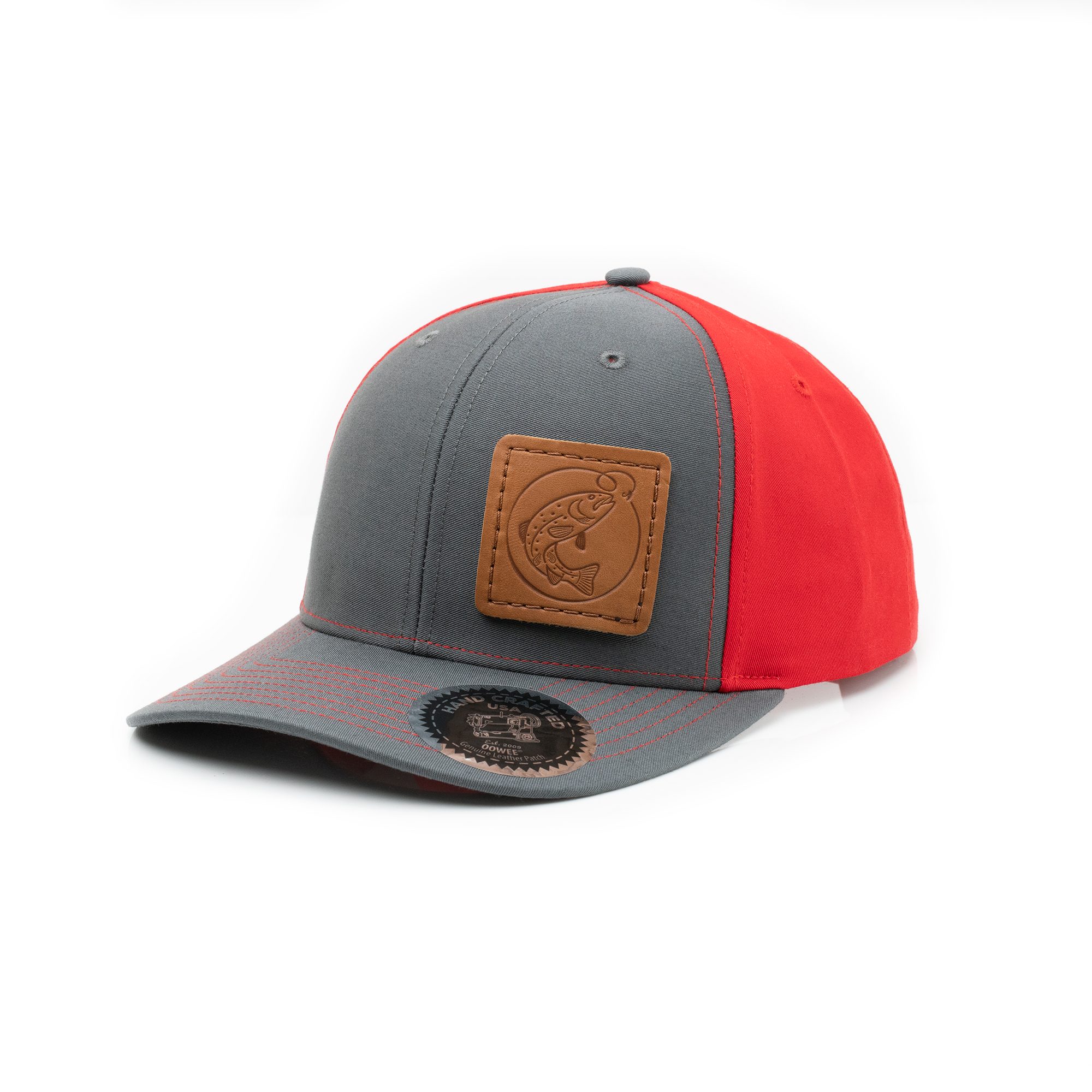 Leather Patch Trucker Hat; Charcoal and Red; Pick a Logo Oowee Products