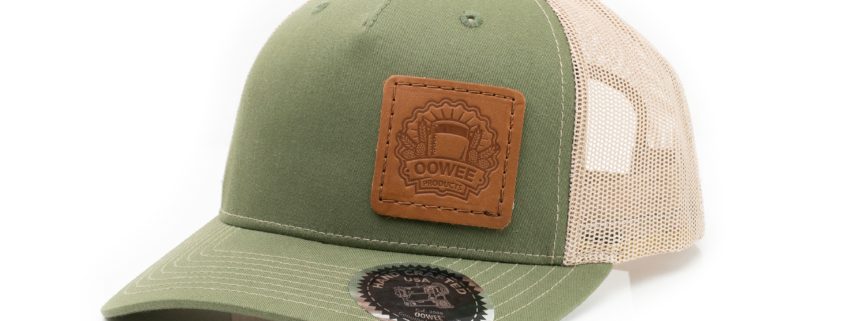 Leather Patch Trucker Hat; Olive Green/Tan; Pick Your Logo
