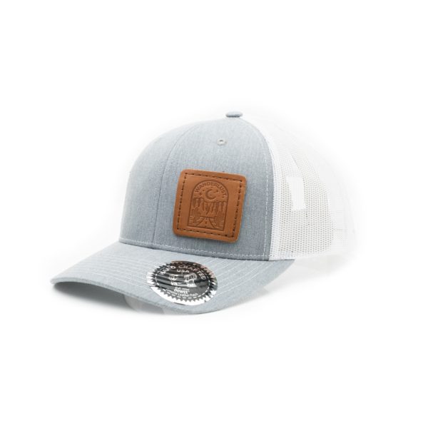 Leather Patch Trucker Hat; Heather Grey/White; Pick Your Logo