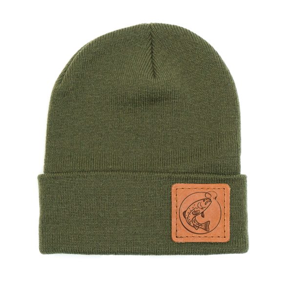 Leather Patch Olive Beanie; Pick Your Logo